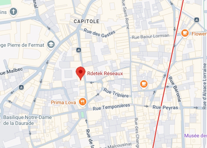 Localisation Rdetek Réseaux Toulouse - Quartier Capitole Plan du centre de Toulouse situant Rdetek Réseaux près du Capitole et de la Basilique Notre-Dame de la Daurade.