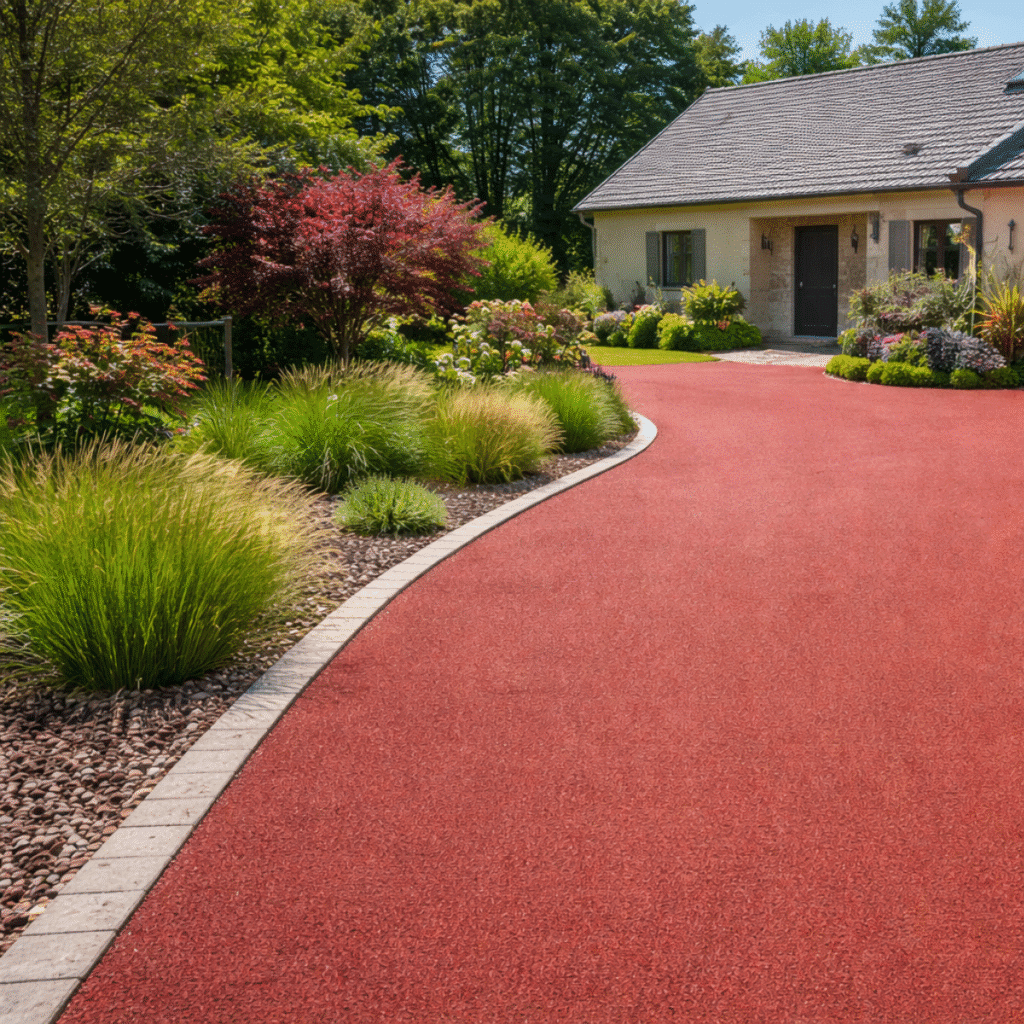 Allée de garage rouge : Aménagement extérieur paysager Allée de garage rouge sinueuse devant une maison avec jardin paysager et érable du Japon.
