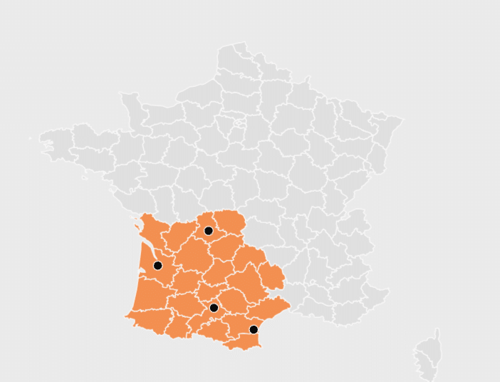 Carte du Sud-Ouest de la France : Régions et Villes Carte du sud-ouest de la France en orange avec quatre points noirs marquant des localisations géographiques.