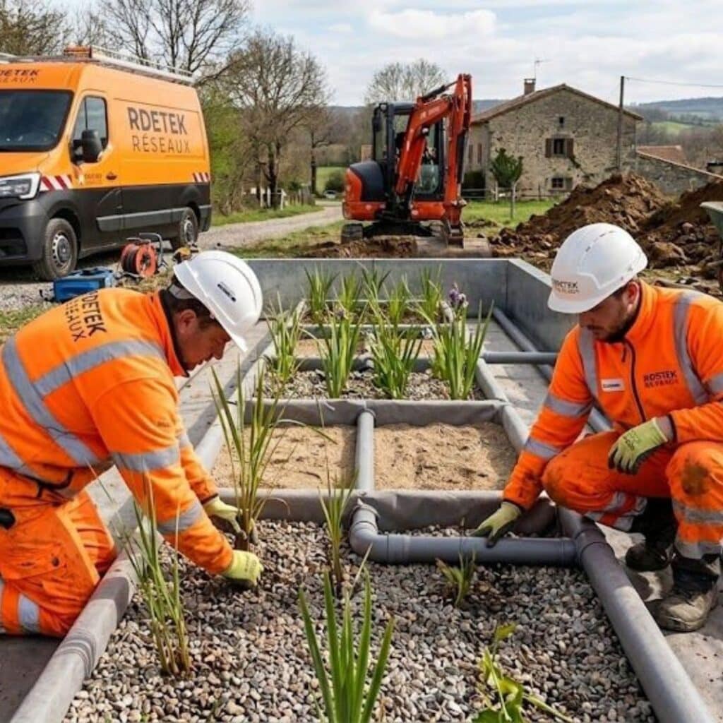 Phytoépuration : installation d'un assainissement écologique Ouvriers RDETEK RÉSEAUX installant un système d'assainissement écologique par phytoépuration avec roseaux et gravier.