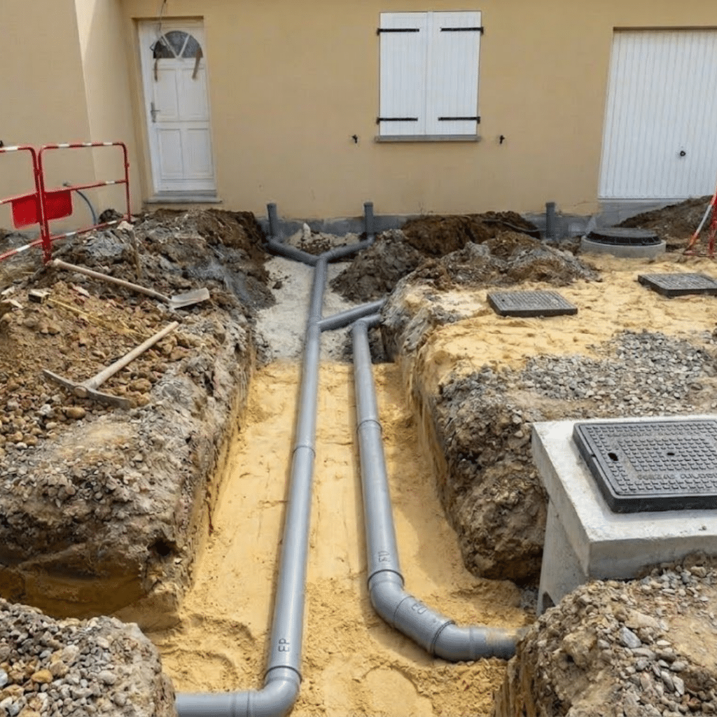 Installation d'assainissement : Pose de tuyaux PVC EP et EU Pose de tuyaux PVC EP et EU pour l'assainissement et le drainage dans une tranchée de chantier de construction.