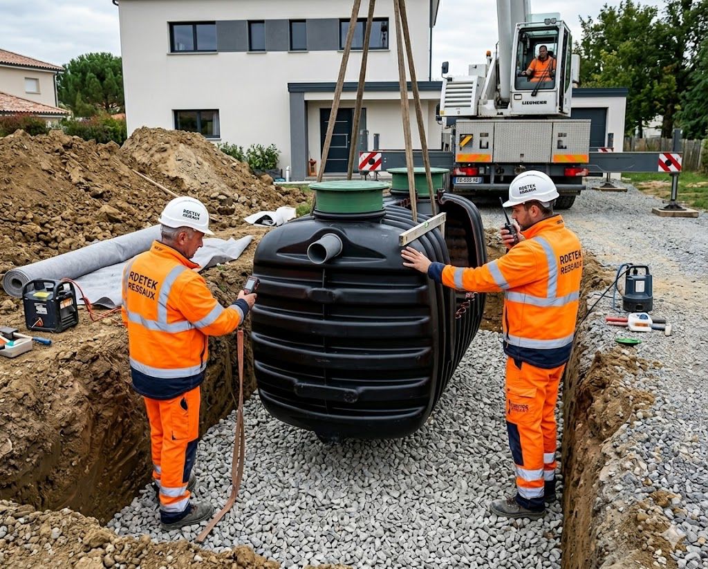 Installation cuve de récupération d'eau de pluie RDETEK Ouvriers RDETEK installant une cuve de récupération d'eau noire avec une grue dans une fosse de chantier.