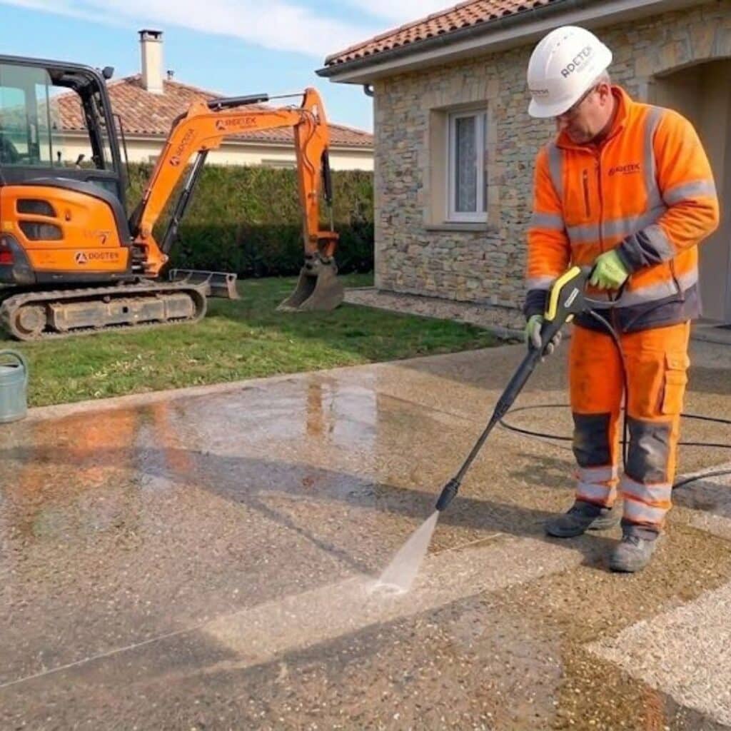 Nettoyage haute pression d'une allée par un ouvrier Rector Ouvrier Rector nettoyant une allée au nettoyeur haute pression avec excavateur orange en arrière-plan.