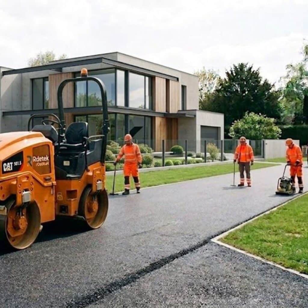 Aménagement d'allée en asphalte pour maison moderne Rouleau compresseur CAT et ouvriers en tenue orange goudronnant l'allée devant une villa d'architecte moderne.