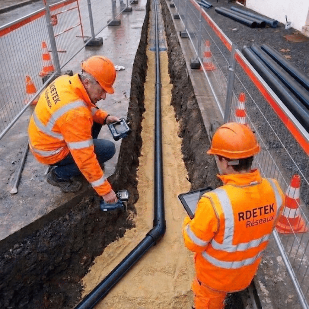 Inspection et détection de réseaux par RDETEK Réseaux Deux techniciens RDETEK Réseaux inspectent une canalisation noire dans une tranchée sur un chantier de travaux publics.