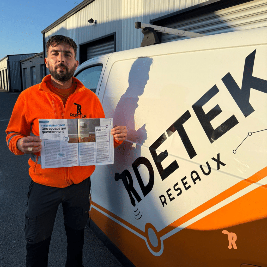 RDETEK RÉSEAUX : Expertise Transition Réseau Cuivre Fibre Technicien RDETEK RÉSEAUX tenant un magazine sur la fin du réseau cuivre devant un véhicule d'entreprise floqué.